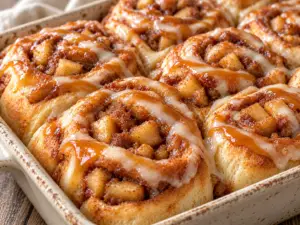 Gooey, warm cinnamon rolls with caramel and simple powdered sugar glaze or cream cheese frosting.