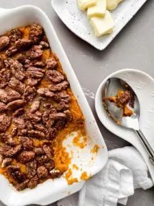 almond coconut cake- Gluten Free Almond Coconut Cake Sweet Potato Casserole fresh out of the oven with caramelized pecans and drizzled browned butter