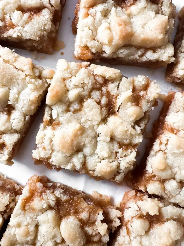 Shortbread cookie bars sliced in pan — Sugar Face Bakes