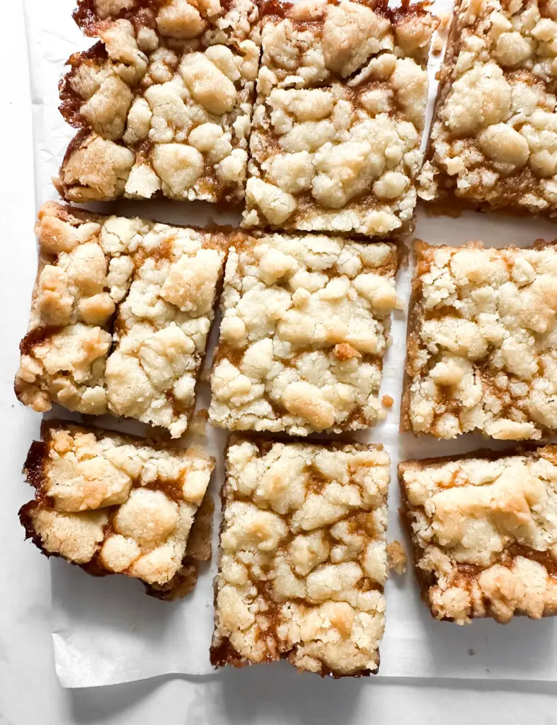 Shortbread cookie bars sliced in pan — Sugar Face Bakes