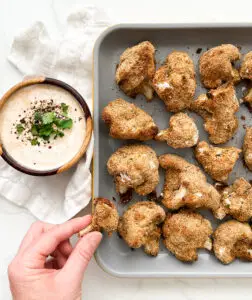 chicken lettuce wraps- PF Chang’s Chicken Lettuce Wraps Crispy golden Baked Cauliflower Bites on a Caraway baking sheet — Sugar Face Bakes