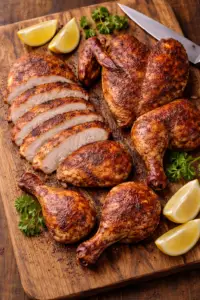 Smoked chicken sliced showing juicy interior and crispy skin