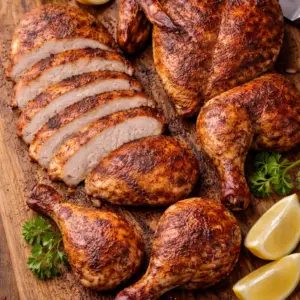 smoked chicken- Smoked Chicken Smoked chicken sliced showing juicy interior and crispy skin
