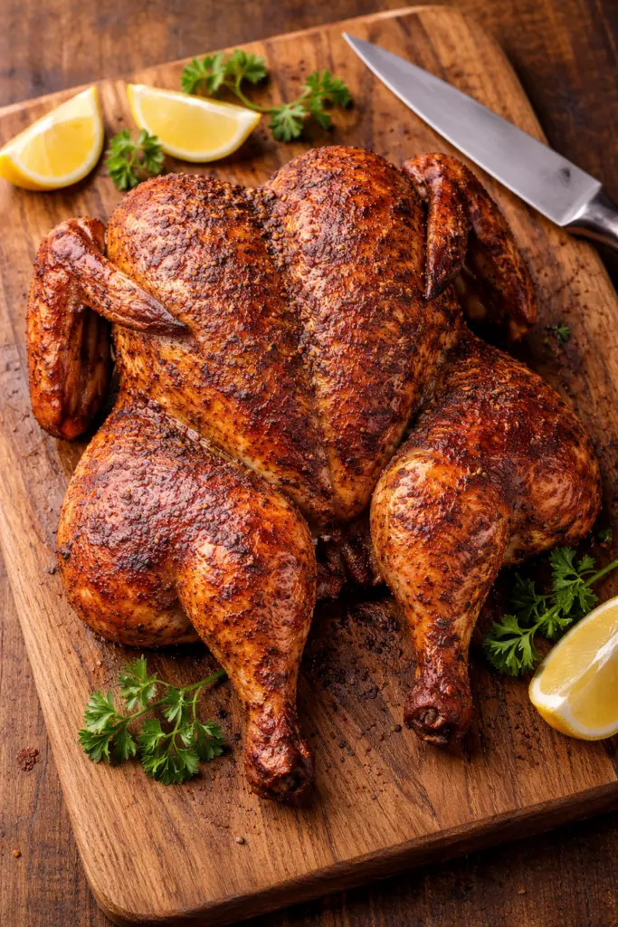Smoked chicken whole with crispy skin and juicy meat — Sugar Face Bakes