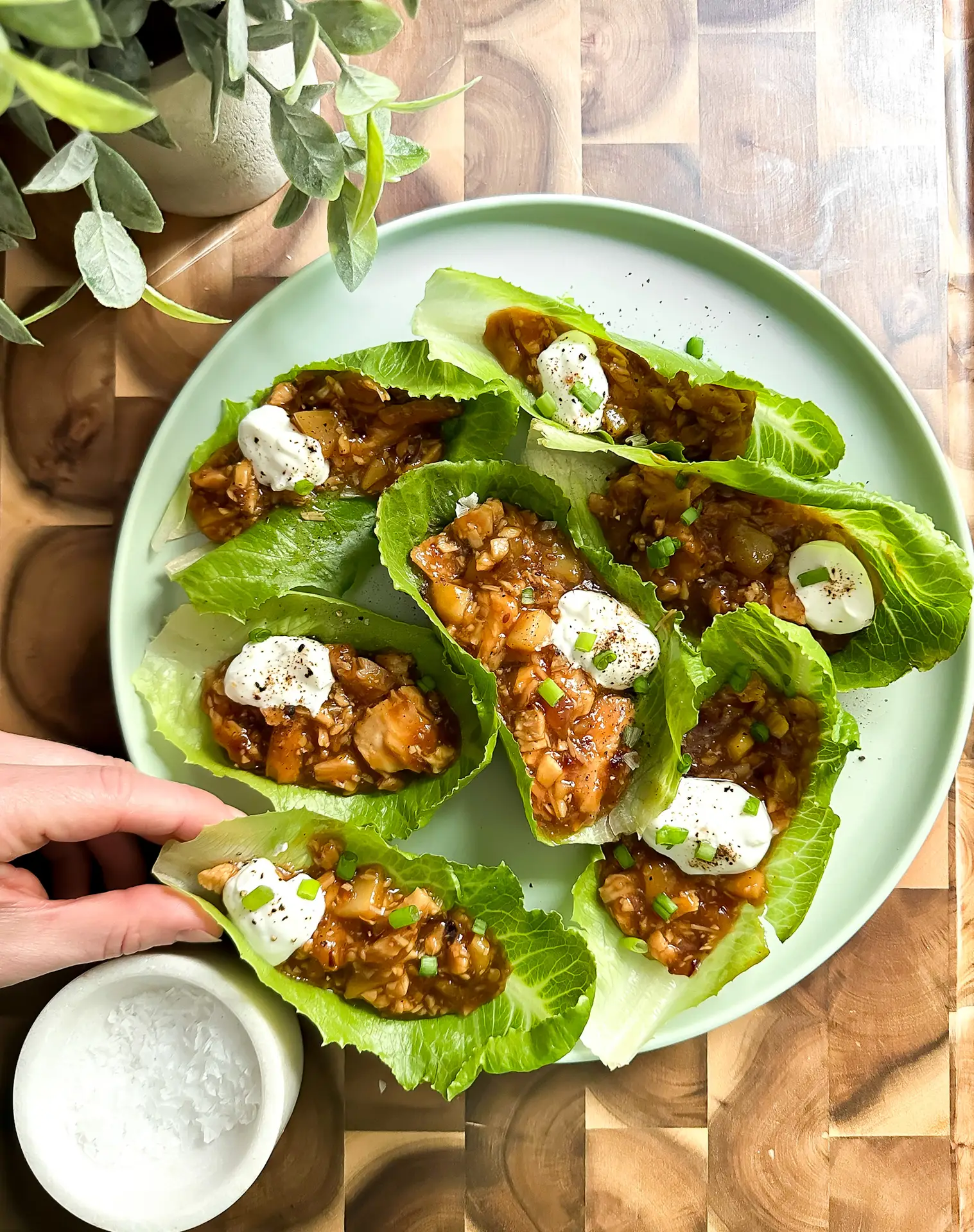 hummus- Easy and Smooth Hummus PF Chang’s chicken lettuce wraps showing filling and crisp lettuce
