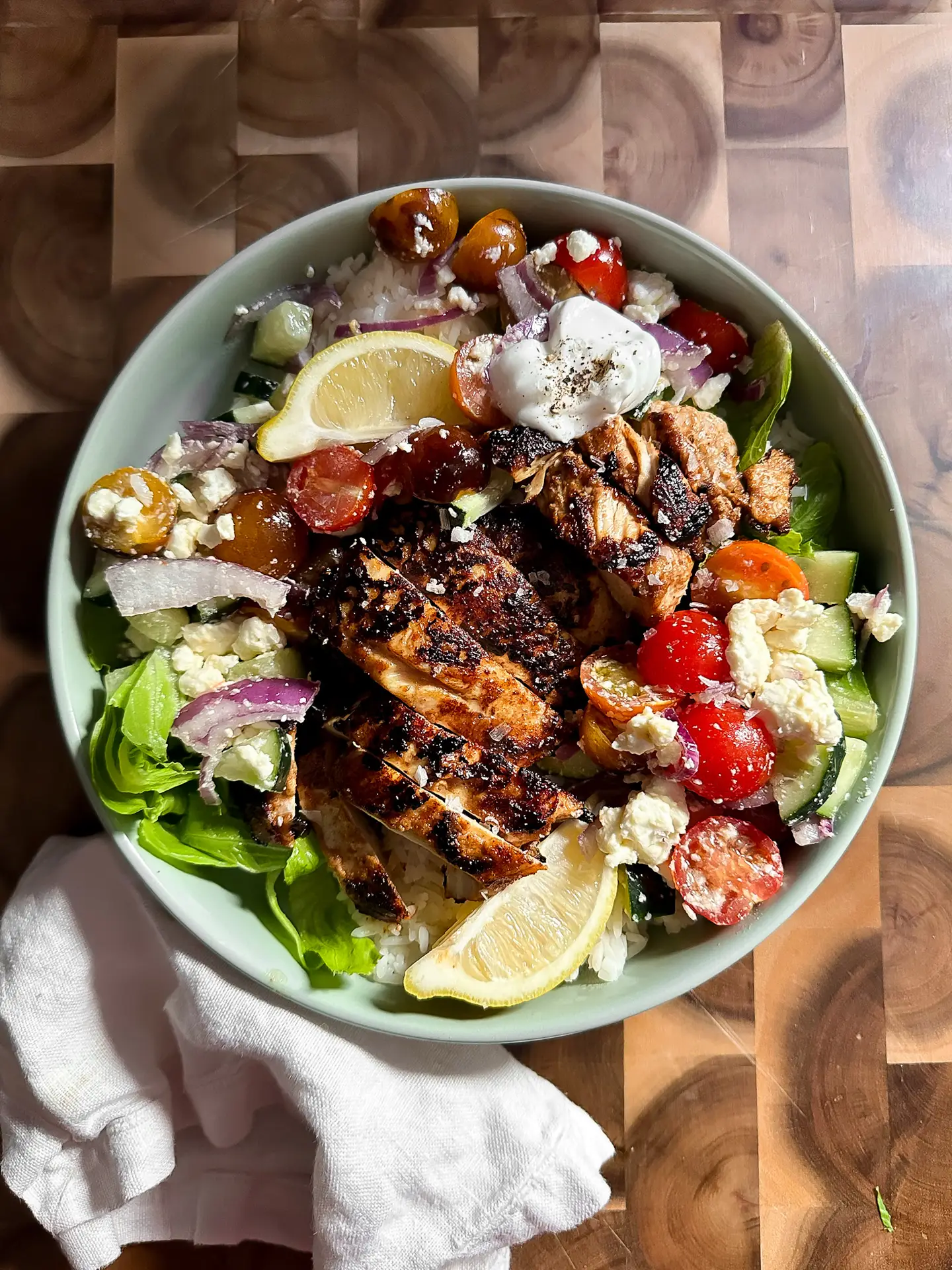 Chicken shawarma bowls with rice, vegetables, and sauce — Sugar Face Bakes