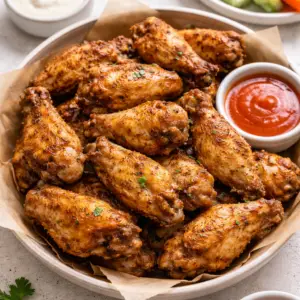 Oven baked chicken wings crispy and golden on baking sheet — Sugar Face Bakes