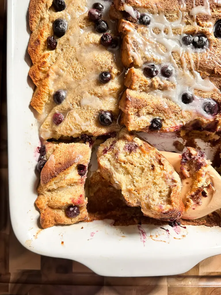 French toast casserole baked golden with soft custardy center — Sugar Face Bakes