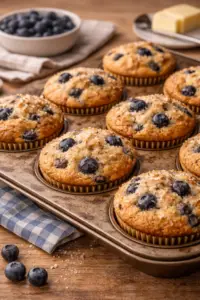 High protein blueberry muffins in a muffin tray — Sugar Face Bakes