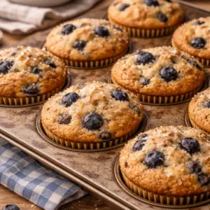 High protein blueberry muffins in a muffin tray — Sugar Face Bakes