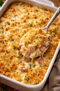 Chicken Cordon Bleu Casserole - Bake uncovered and broil for 2–3 minutes at the end if needed for extra crispiness.