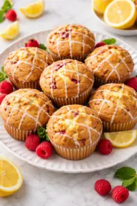 soft and fluffy lemon raspberry muffins with fresh raspberries and bright citrus flavor