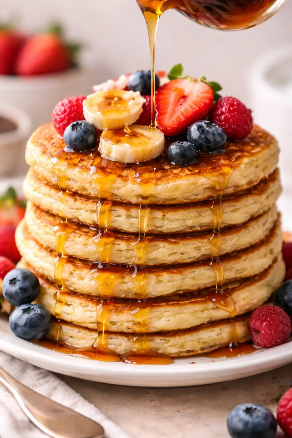 Breakfast, High-Protein Recipes, Kid Friendly Recipes eggless pancakes Baking Powder |Butter |Cottage Cheese |Flour |Granulated Sugar