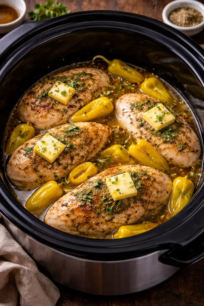 Mississippi chicken shredded and served with sauce and peppers