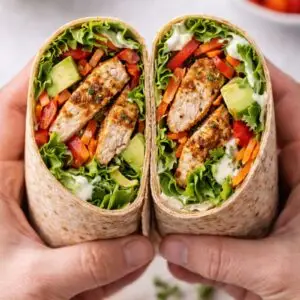 Healthy chicken wrap sliced showing juicy chicken and fresh fillings