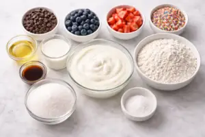 Ingredients for egg-free cottage cheese muffins including smooth blended cottage cheese, flour, milk, sugar, and optional mix-ins like blueberries, chocolate chips, and sprinkles.