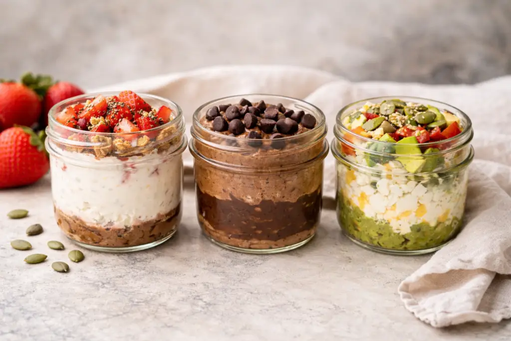 Three high-protein cottage cheese breakfast jars including strawberry cheesecake, chocolate peanut butter, and savory avocado egg, arranged in mason jars on a minimal kitchen background with a linen cloth.