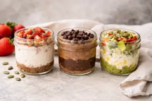 Three high-protein cottage cheese breakfast jars including strawberry cheesecake, chocolate peanut butter, and savory avocado egg, arranged in mason jars on a minimal kitchen background with a linen cloth.