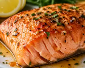 Close-up of juicy baked salmon fillet with garlic butter, herbs, and lemon, showing flaky texture and golden edges