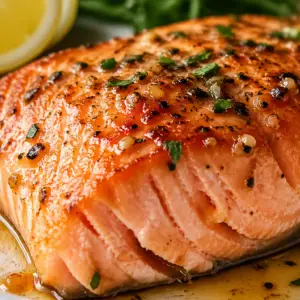 Close-up of juicy baked salmon fillet with garlic butter, herbs, and lemon, showing flaky texture and golden edges