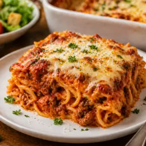 Plated baked spaghetti with ground beef and melted cheese served with garlic bread and salad