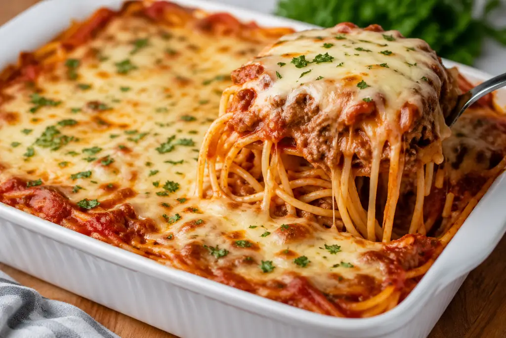 Cheesy baked spaghetti with ground beef in a casserole dish with melted mozzarella and rich tomato sauce