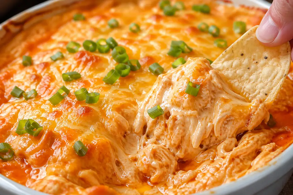 Close-up of creamy buffalo chicken dip with melted cheese and shredded chicken being scooped with a tortilla chip, topped with green onions