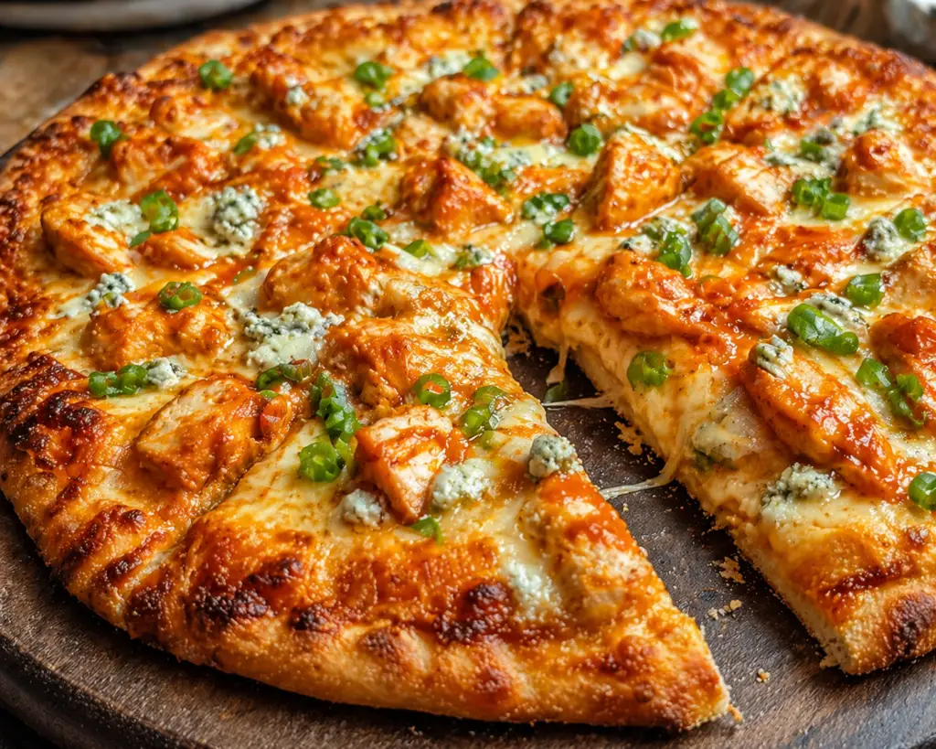 Buffalo chicken pizza slice close-up