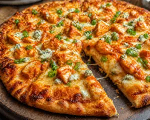 chicken marbella- Chicken Marbella Buffalo chicken pizza slice close-up