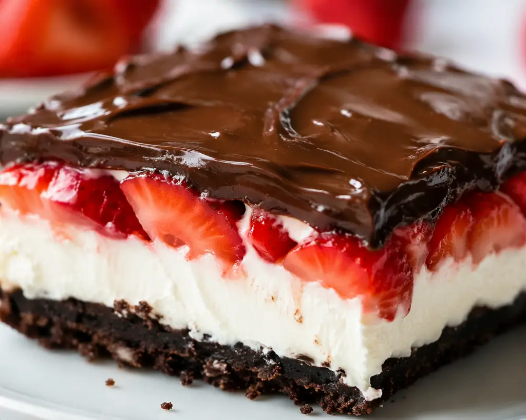 Close up of chocolate covered strawberry dessert slice with layers of chocolate ganache, fresh strawberries, creamy cheesecake filling, and chocolate cookie crust
