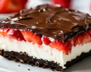 Close up of chocolate covered strawberry dessert slice with layers of chocolate ganache, fresh strawberries, creamy cheesecake filling, and chocolate cookie crust