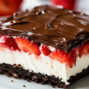 Close up of chocolate covered strawberry dessert slice with layers of chocolate ganache, fresh strawberries, creamy cheesecake filling, and chocolate cookie crust