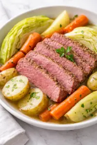 Corned beef and cabbage plated with potatoes and rainbow carrots