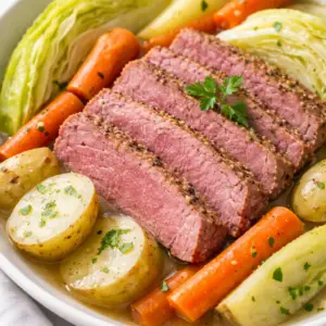 Corned beef and cabbage plated with potatoes and rainbow carrots
