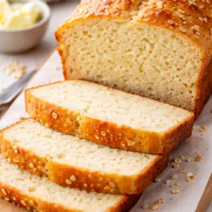 Close-up of soft and fluffy cottage cheese bread with a golden crust and tender crumb, sliced on a wooden board, high-protein homemade bread recipe
