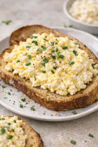 Creamy cottage cheese scrambled eggs on toasted bread topped with chives and black pepper, high-protein breakfast recipe