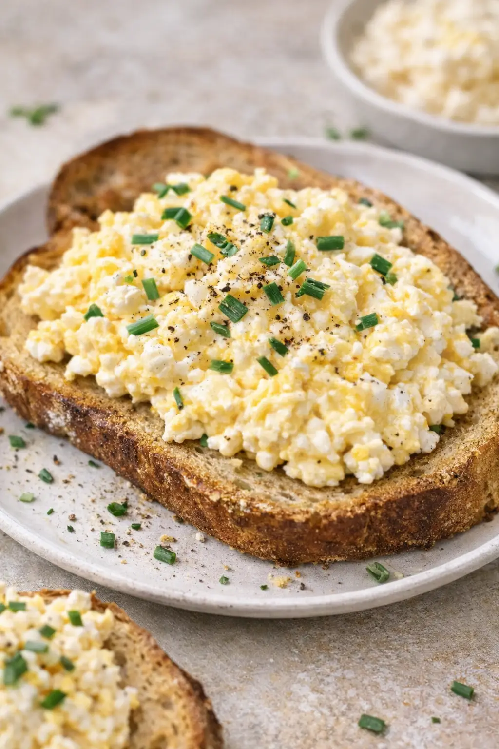 cottage cheese eggs- Creamy and Fluffy Cottage Cheese Eggs Creamy cottage cheese scrambled eggs on toasted bread topped with chives and black pepper, high-protein breakfast recipe