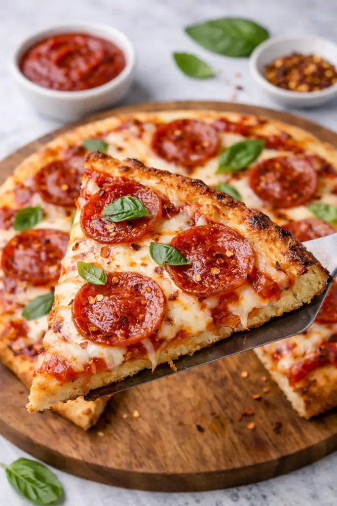 High protein cottage cheese pizza slice with crispy crust, melted cheese, and pepperoni showing golden baked texture up close