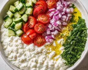 Cottage cheese salad with fresh vegetables — Sugar Face Bakes
