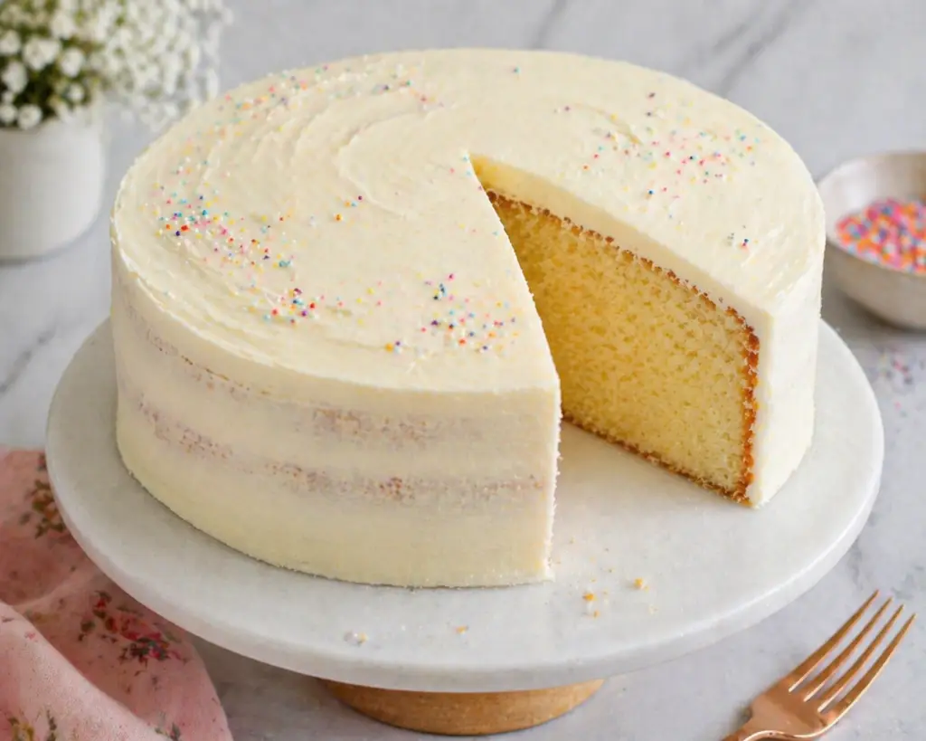Eggless vanilla cake with smooth buttercream frosting and sprinkles on marble cake stand with slice removed showing moist interior