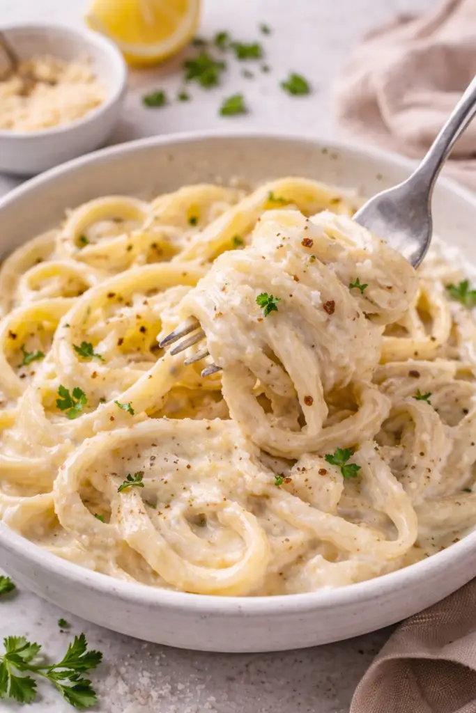 Creamy cottage cheese pasta sauce coated on fettuccine with parmesan, garlic, and herbs in a bowl