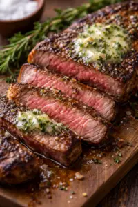 Close-up of a perfectly cooked medium-rare steak sliced on a wooden board, topped with garlic herb butter and fresh herbs, showing a juicy pink center and crispy seared crust. How To Cook Steak Perfectly.