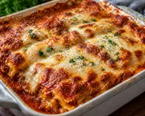 Freshly baked lasagna in a casserole dish with golden bubbly cheese and rich meat sauce layers