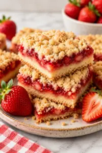 Easy strawberry shortcake bars with buttery crumble topping and fresh strawberry filling stacked on a plate