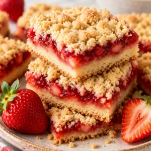 Easy strawberry shortcake bars with buttery crumble topping and fresh strawberry filling stacked on a plate