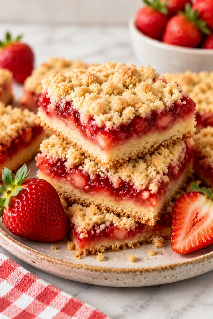 Easy strawberry shortcake bars with buttery crumble topping and fresh strawberry filling stacked on a plate