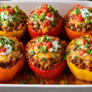 stuffed peppers with ground beef- Mexican Stuffed Peppers with Ground Beef Mexican stuffed peppers with ground beef and rice baked with melted cheese in a casserole dish