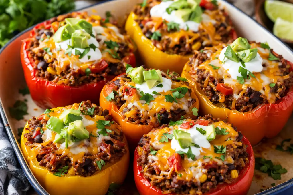 Close-up of cheesy Mexican stuffed peppers with ground beef, beans, and fresh toppings