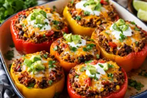 homemade pizza sauce- Easy Homemade Pizza Sauce Close-up of cheesy Mexican stuffed peppers with ground beef, beans, and fresh toppings