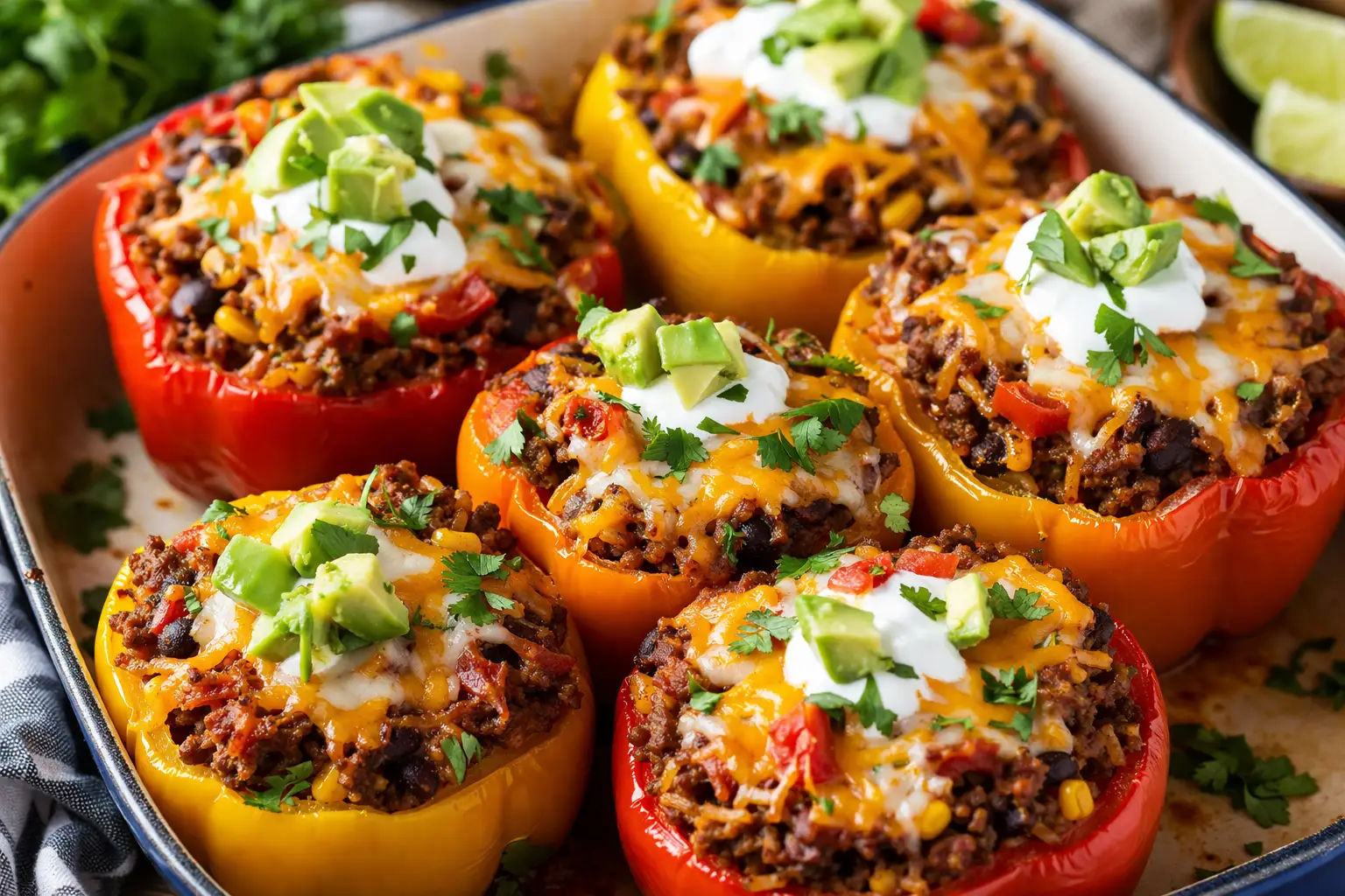 stuffed peppers with ground beef- Mexican Stuffed Peppers with Ground Beef Close-up of cheesy Mexican stuffed peppers with ground beef, beans, and fresh toppings